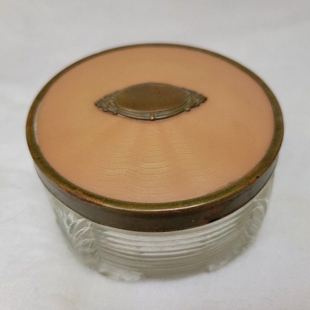 Powder Jar glass w/lid Art Deco MCM brass bronze antique raised vintage EUC